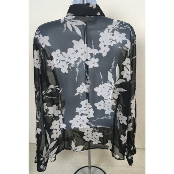 Croft n Barrow Top Women Size XL Sheer Black White Flowers Button up Long Sleeve - Picture 3 of 13